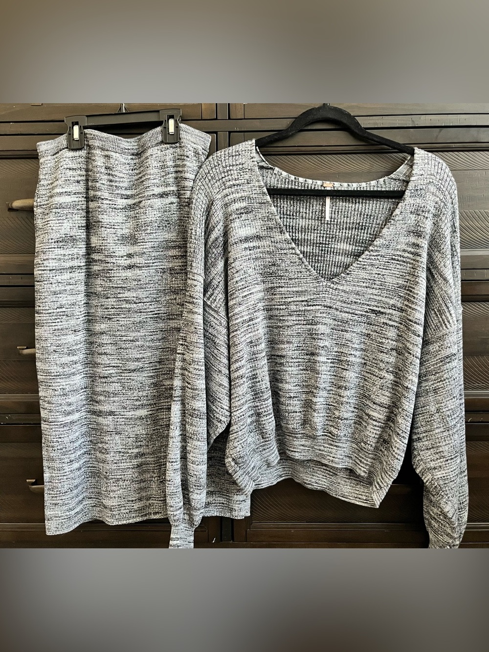 Free People Gray Marled Knit Sweater and Skirt Set